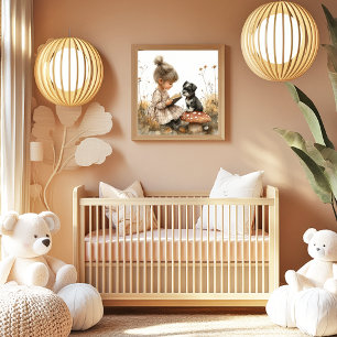 Póster Niña leyendo perro cachorro blanco negro Hongo Roj