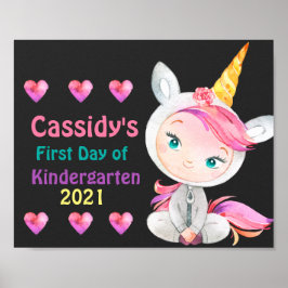 Póster Niña linda de unicornio primer día de escuela Piza
