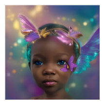 Niña linda étnica mariposa morada verde azulada