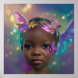 Póster Niña linda étnica mariposa morada verde azulada