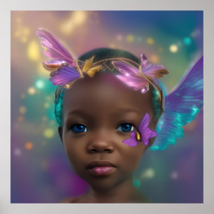 Póster Niña linda étnica mariposa morada verde azulada