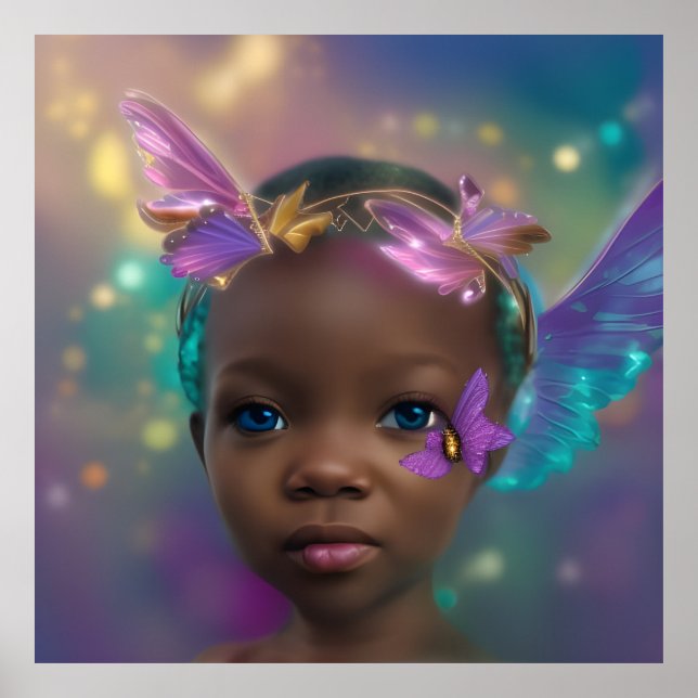 Póster Niña linda étnica mariposa morada verde azulada (Frente)