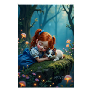 Póster Niña Mágica y Cachorro en Bosque Encantado