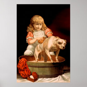 Póster Niña pequeña bañando a su perro