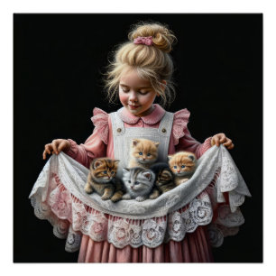 Póster Niña Pequeña Con Gatitos En Su Aprón