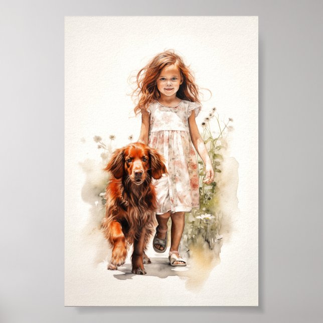 Póster Niña pequeña con irlandés Setter (Frente)