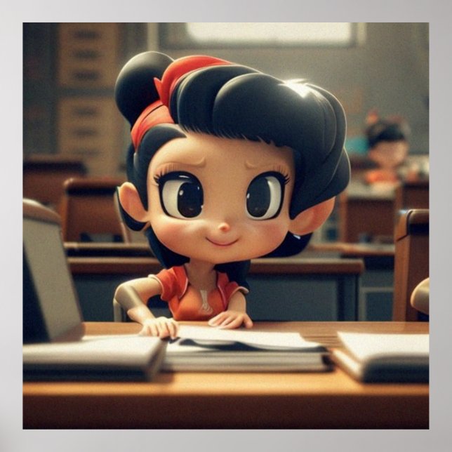 Póster Niña pequeña en clase en la escuela chica moderno (Frente)