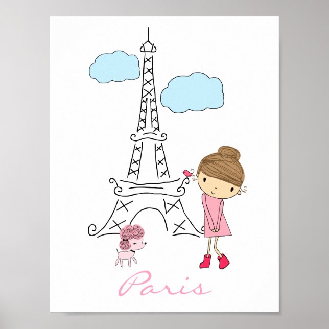 Póster Niña pequeña en París con Poster de caniche (Frente)