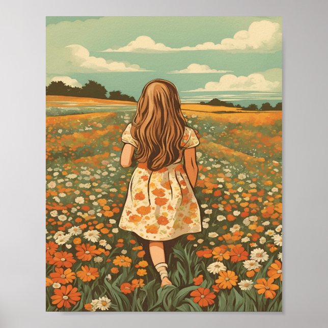 Póster Niña pequeña en un campo de flores (Frente)