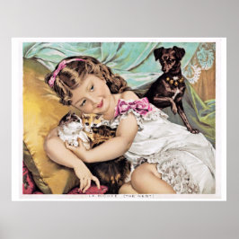 Póster Niña pequeña, gatitos y perro de Dachshund, cosech