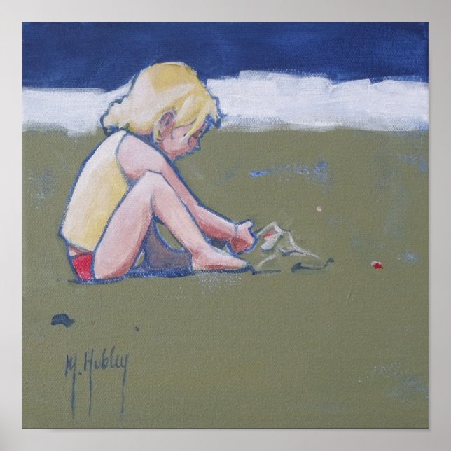 Póster Niña pequeña jugando en la arena en la playa (Frente)