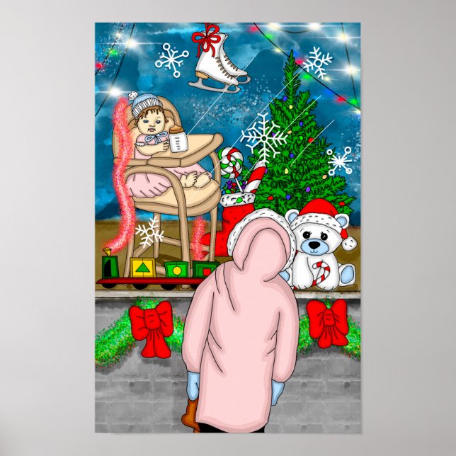 Póster Niña pequeña mirando a través de la ventana de un  (Frente)