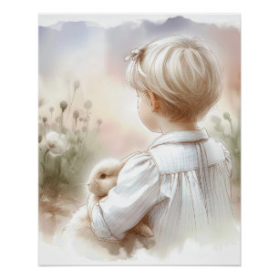 Póster Niña pequeña sosteniendo a un conejo