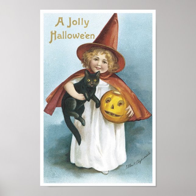 Póster Niña pequeña y gato negro Jolly Halloween (Frente)