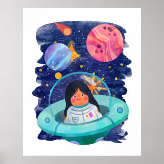 Póster Niña Platillo Volador Astronauta Espacio Exterior