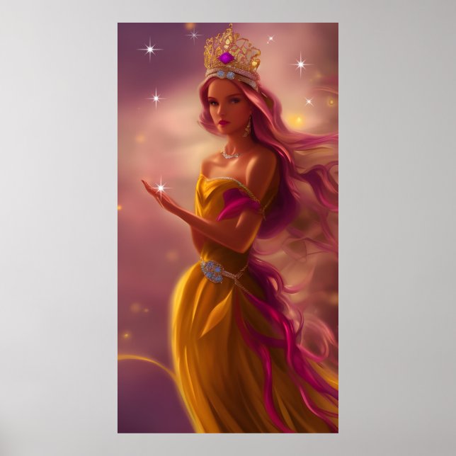 Póster Niña princesa tiara rosa dorada cuento de hadas br (Frente)