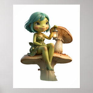 Póster Niña Rana Adorable con Linterna en Hongo