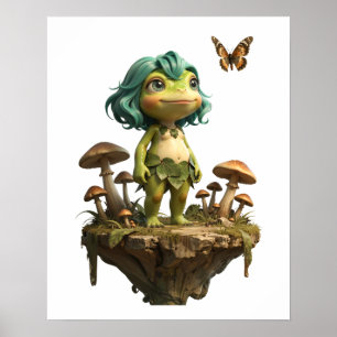 Póster Niña Rana Adorable Entre Hongos con Mariposa