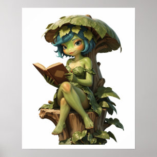 Póster Niña Rana Linda Leyendo Libro Bajo Hoja