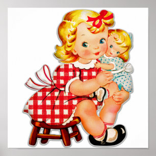 Póster Niña retro vintage muñeca niña