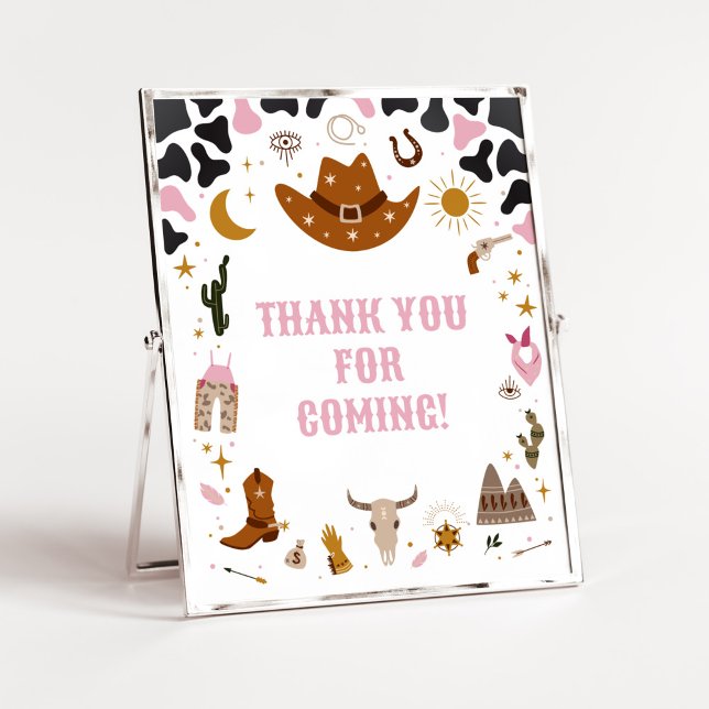 Póster Niña rosa occidental bebé gracias por venir (Boho Wild West Rodeo Baby Shower Thank you for Coming Sign)