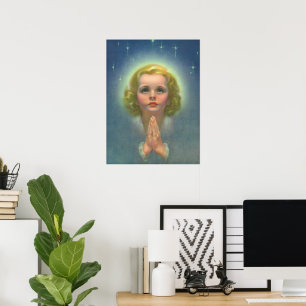Póster Niña rubia angelical con halo y estrellas rezando