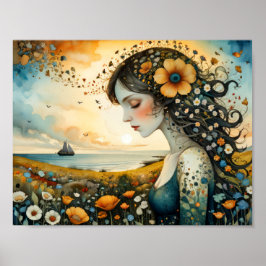 Póster Niña soñando con navegar en un mar de flores