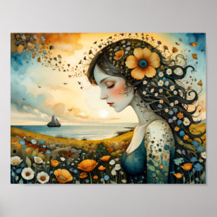 Póster Niña soñando con navegar en un mar de flores