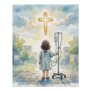 Póster Niña sosteniendo un poste de IV