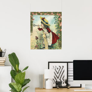 Póster Niña Victoriana Vintage Soplando un Clarín en un P