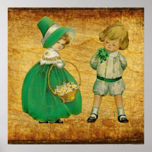Póster Niña victoriana vintage y niño St Patrick