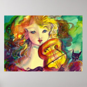 PÓSTER NIÑA VIOLINISTA, VIOLÍN Y GATO