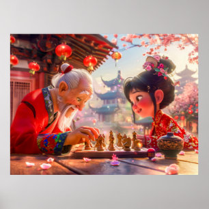 Póster Niña y abuelo jugando ajedrez moderno