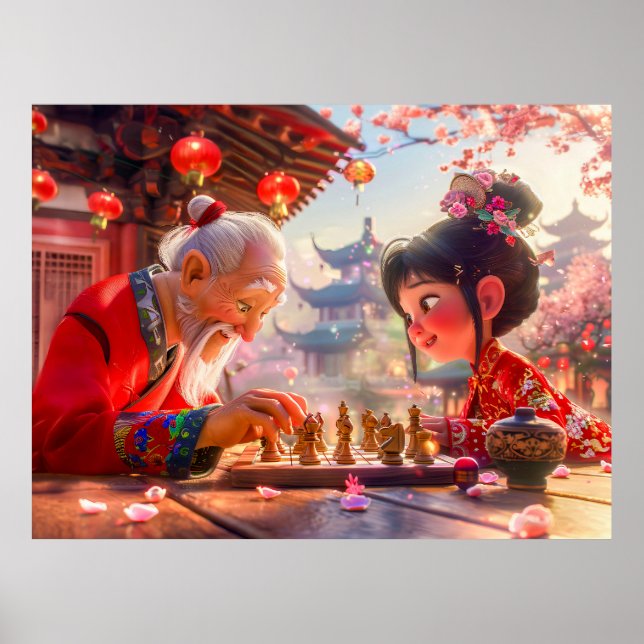 Póster Niña y abuelo jugando ajedrez moderno (Frente)