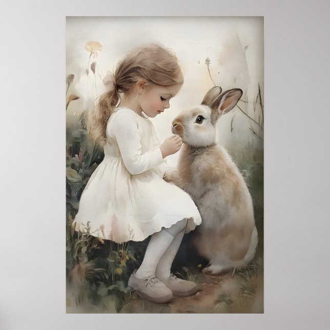 Póster Niña y conejo estampado de conejito, pueblo del co (Frente)