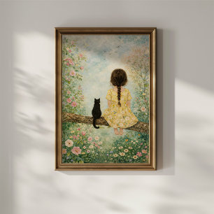 Póster Niña y Gato en Jardín de Primavera