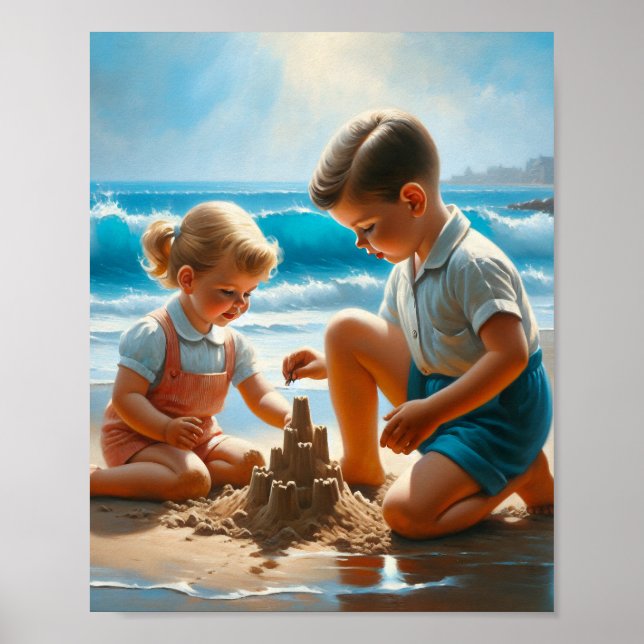 Póster Niña y niño construyendo un castillo de arena (Frente)