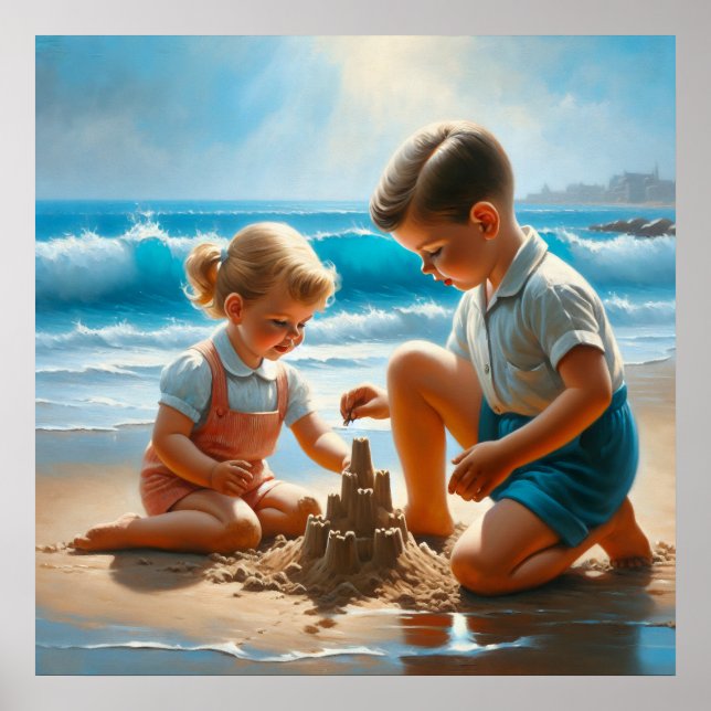 Póster Niña y niño construyendo un castillo de arena (Frente)