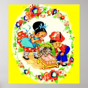Póster niña y niño y gatito y cachorro