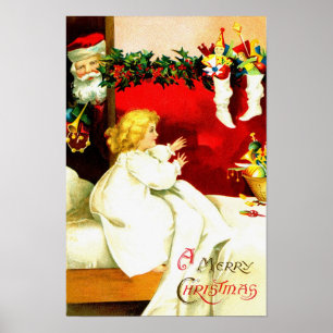 Póster Niña y Santa en Nochebuena