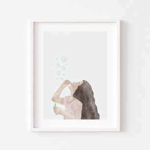 Póster Niñas acuarelas soplando a poster de burbujas