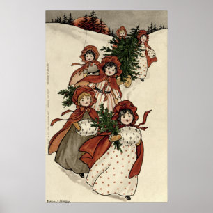 Póster Niñas con acebo y el árbol de navidad
