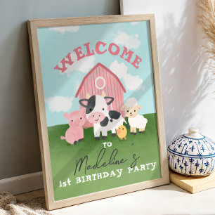 Póster Niñas Cumpleaños 1 año Bienvenida Granja Animales 