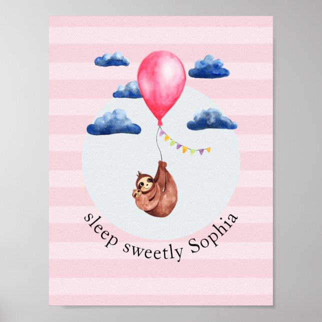 Póster Niñas Cute Sloth Animal de globo rosa y nombre Niñ (Frente)