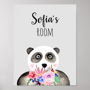 Póster Niñas Flores Hermosas Acuarela Panda y Nombre