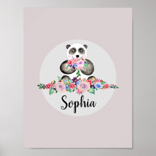 Póster Niñas Flores Hermosas Acuarela Panda y Nombre