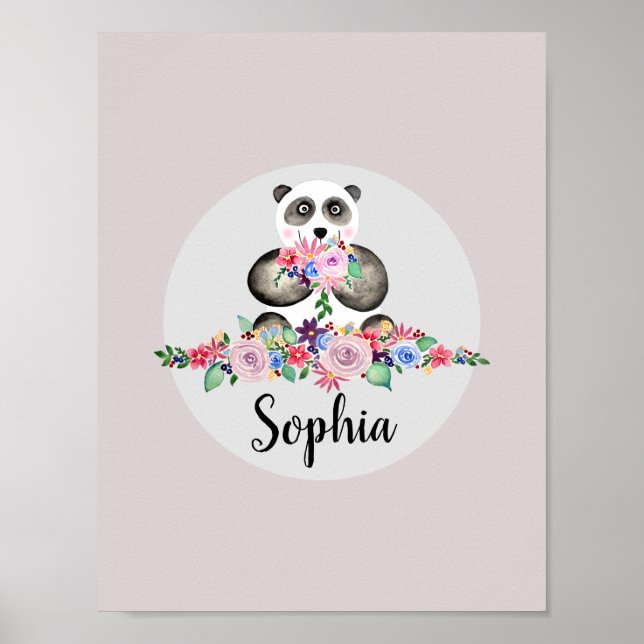Póster Niñas Flores Hermosas Acuarela Panda y Nombre (Frente)
