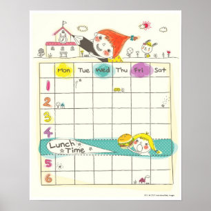 Póster Niñas jugando junto a la escuela y horario