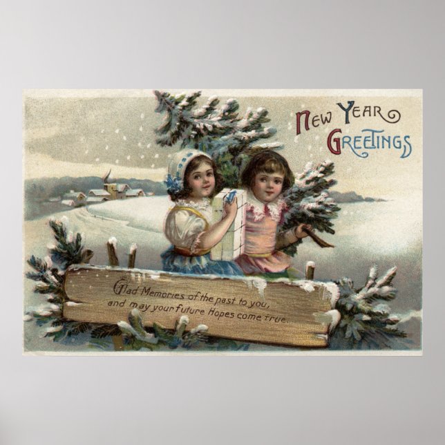 Póster Niñas pequeñas sosteniendo un regalo y un árbol (Frente)