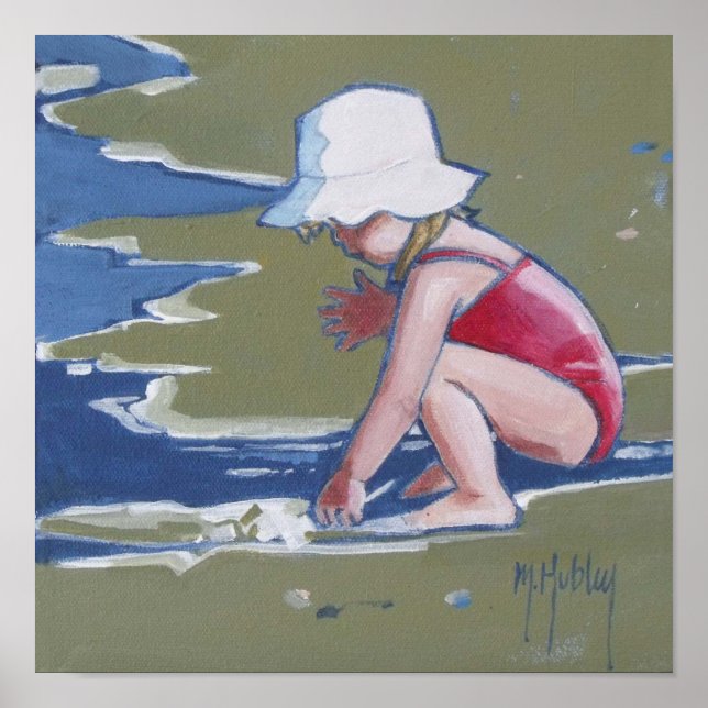 Póster Niñita con gorra en la playa con olas (Frente)